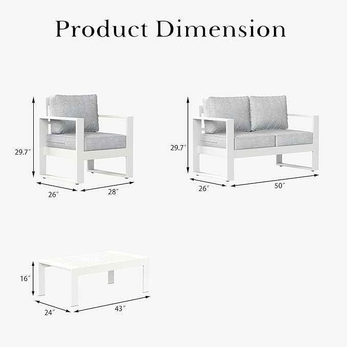 LayinSun 4 Pieces Aluminum Outdoor Patio Furniture Set, Metal Modern Conversation Sofa Set with Coffee Table and Washable Thick Cushions for Porch, Backyard, Deck