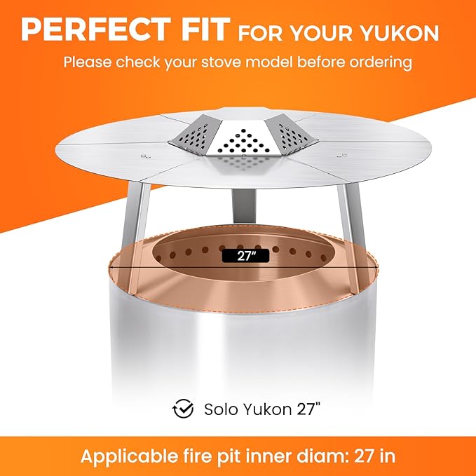 Fire Pit Heat Deflector for Solo Stove Yuokon 1.0/2.0 and Other 27" Fire Pit, with 3 Legs 304 Stainless Steel for Solo Stove Accessories, for Outdoor Firepit Captures and Redirects Warmth.