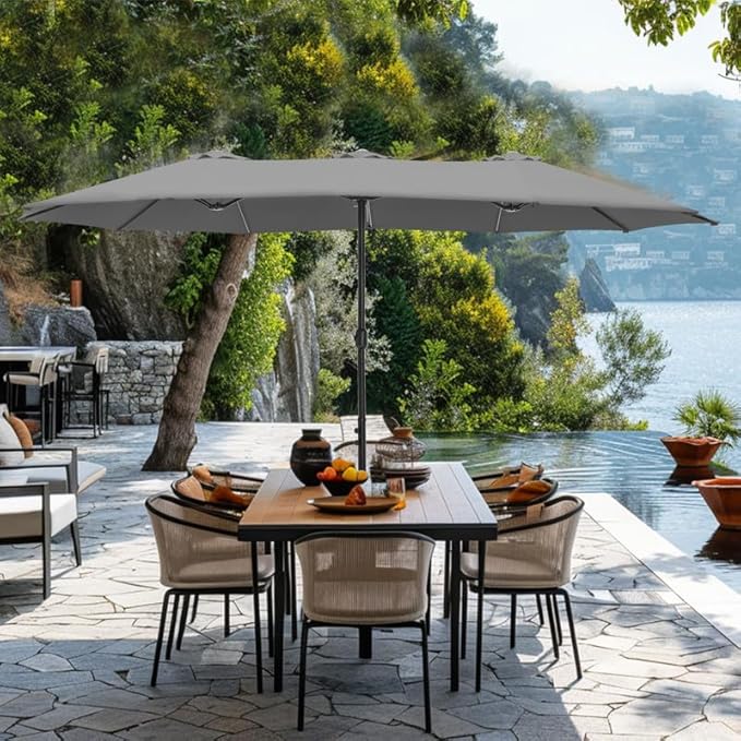 GREEN PARTY 15 ft Rectangle Patio Umbrella with Base Included, Double-Sided Table Umbrella with Crank, Large Outdoor Umbrellas for Patio Poolside Garden Backyard, Smoky Gray