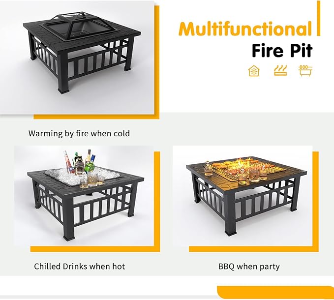 Tuoze 32-inch Fire Pits Outdoor Patio Metal Multifunctional Firepit Table with Waterproof Cover for Camping Bonfire Party Picnic BBQ Backyard Garden Outside Heating,black