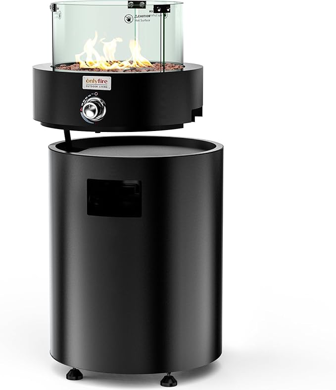 ONLYFIRE OUTDOOR LIVING Detachable Gas Fire Pit with Lava Rocks, Glass Shield & Wheels, Smokeless Propane Fireplace with Hose for Patio Backyard Camping RV Tailgating Restaurant Beach, Round, #FP034