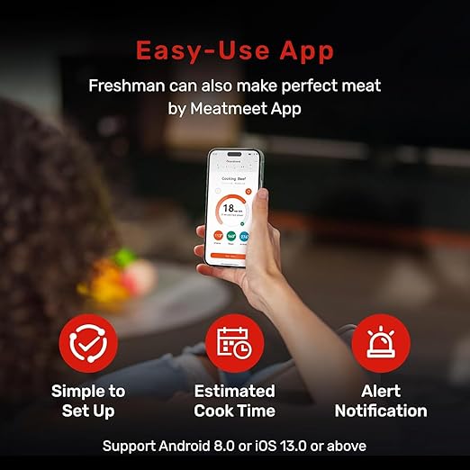 Pro WiFi Wireless Meat Thermometer Digital, Bluetooth Meat Thermometer Wireless, Smart App Monitoring, IP67 Waterproof Meat Probe Thermometer for BBQ, Oven, Grill, Smoker