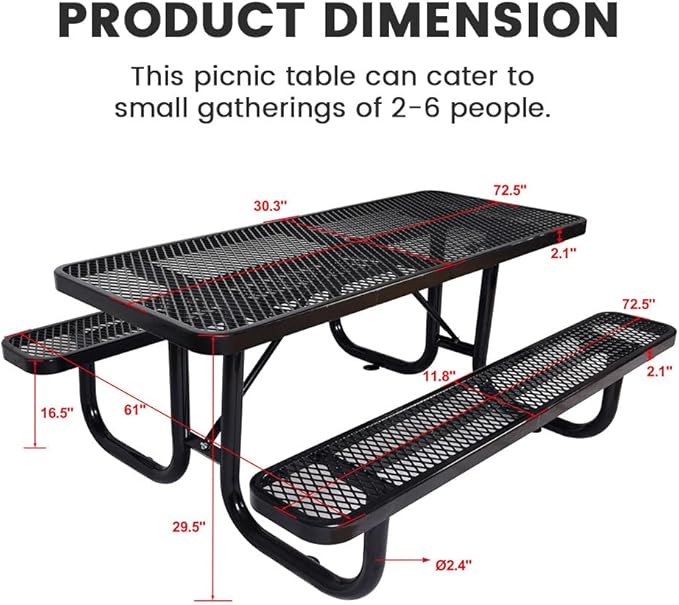 KUFUH 72" Rectangular Metal Picnic Table for 4-8 Person, Durable Heavy Duty Commercial Picnic Table with Umbrella Hole for Outdoor Coffee Shop, School, Hospital, Easy to Install, Black
