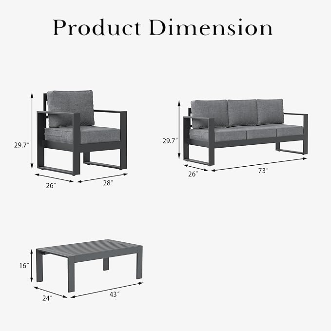 LayinSun 4 Pieces Aluminum Outdoor Patio Furniture Set, Metal Modern Conversation Sofa Set with Coffee Table and Washable Thick Cushions for Porch, Backyard, Deck