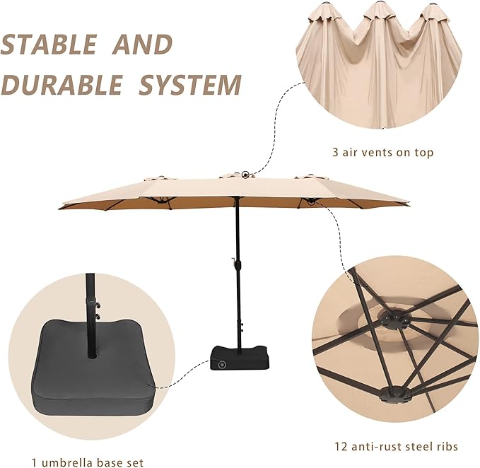 Bigroof 15ft x 9ft Patio Double-Sided Umbrella with Base & Crank, Extra Large Rectangular Outdoor Umbrella for Patio, Lawn & Garden, Beige
