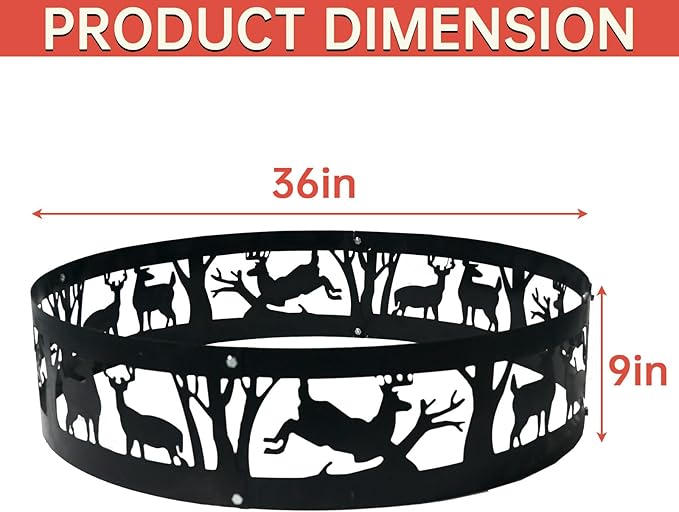 Fire Pit Ring Outdoor Steel: Heavy Duty Round Firepit Ring with Patterned Cutouts for Backyard Camping & Beach Bonfires 36Inch