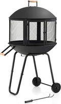 Tangkula Portable Fire Pit with Wheels, 28 Inch Wood Burning Fire Pit with Log Grate, Poker, Rolling Patio Fireplace Wooden Bonfire Firepit for Outdoor Entertaining Black
