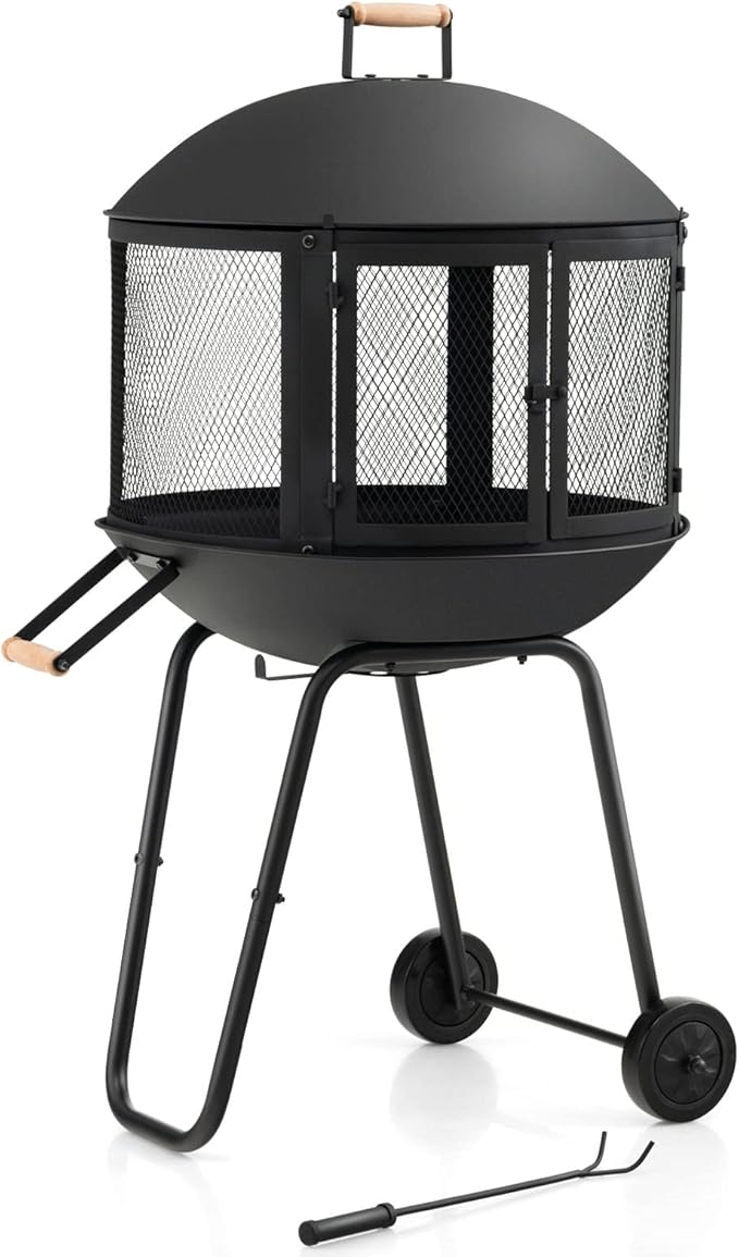 Tangkula Portable Fire Pit with Wheels, 28 Inch Wood Burning Fire Pit with Log Grate, Poker, Rolling Patio Fireplace Wooden Bonfire Firepit for Outdoor Entertaining Black
