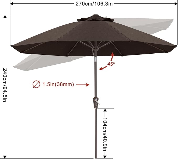ABCCANOPY 10-Year No Fading 9FT Patio Umbrella, Acrylic Outdoor Table Umbrella with 8 Sturdy Ribs for Deck, Backyard, Garden, Yard (Brown)
