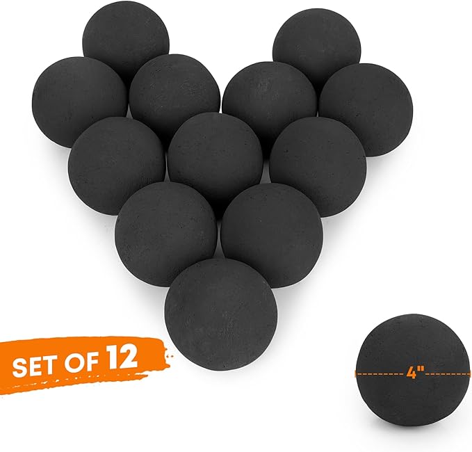 Stanbroil Ceramic Balls - 4” Round Fire Stones for Fire Pit Fire Bowl and Fireplace - Set of 12, Black