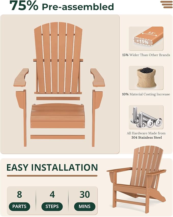 BRIOPAWS Adirondack-Chairs-Set of 2 | Fire Pit Chair | Oversized | HDPE Plastic | Weather Resistant | for Deck Outdoor Poolside Campfire | Teak