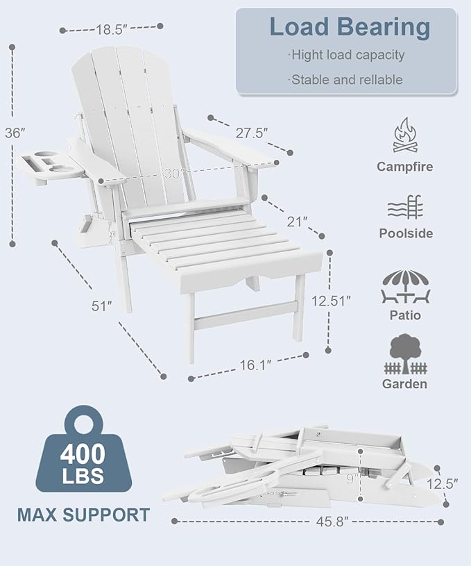 Adjustable Adirondack Chair with Retractable Ottoman Set of 2, HDPE Folding Adirondack Chair with Cup Holder, All Weather Fire Pit Chair for Outdoor.