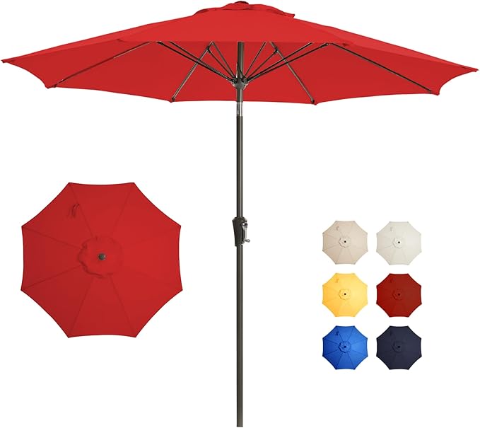9FT Large Outdoor Patio Umbrella Market Table Umbrella-UV Resistant, Easy Push Button Tilt and Crank, 8 Sturdy Ribs Heavy-Duty Pool Umbrella for Deck,Red