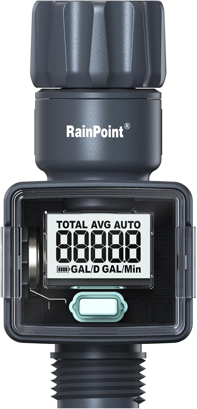 RAINPOINT Water Flow Meter, Measure Consumption and Flow Rate up to 9999.9 Gallon/Liter, ±5% Accuracy, Water Meter for RV, Garden Hose, Pool, Lawn Sprinkler & Nozzle Sprayer