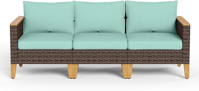 MFSTUDIO 3 Pieces Extra Large Extra Large Wicker Patio Furniture Set, Outdoor Rattan 3-Seater Patio Sofa Set Patio Conversation Couch Set for Garden, Poolside, Backyard(Aqua Blue Cushion)