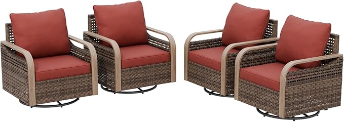 EAGLE PEAK Modern Wicker Outdoor Glider Rocking Chair, Swivel Rocker, Rattan Patio Furniture for Yard Deck Porch Garden, 4 Chairs, Brown/Red
