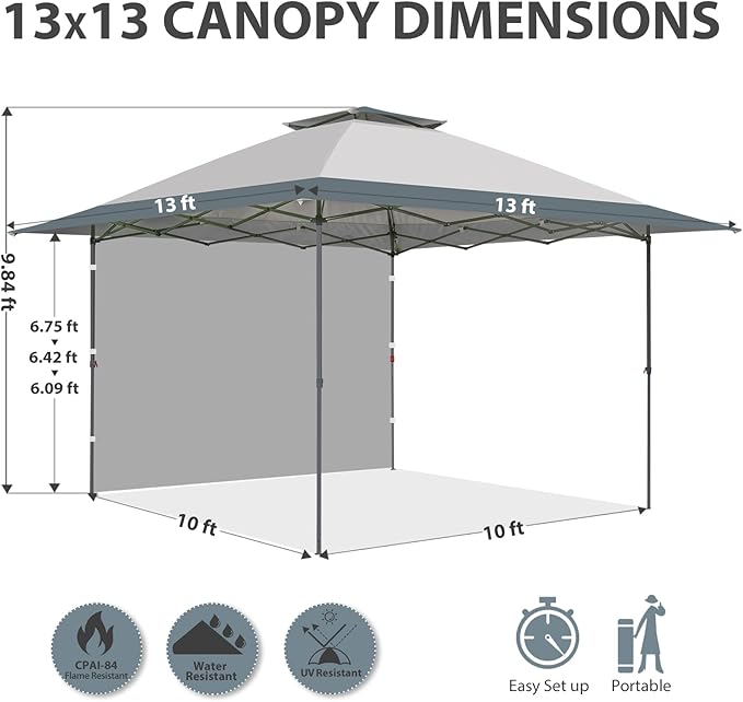EAGLE PEAK 13x13 Pop up Canopy Tent w/One Wall, Instant Canopy Easy Set up Folding Shelter w/One Privacy Curtain, 169 Square Feet Sun Shade, Light Gray