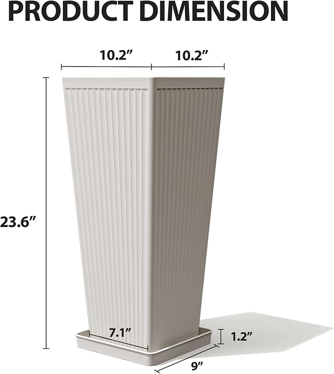 Square Tall Planters for Outdoor Plants Set of 2-23.6" Modern Tapered Indoor Flower Pots with Drainage Holes/Partition/Tray, Large Outdoor Planters for Porch Patio Garden Front Porch, White