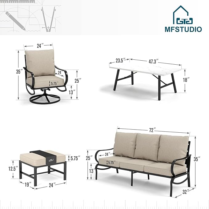 MFSTUDIO 6 Pieces Metal Patio Furniture Sets, 2 Swivel Chair, 1 Deep Seating 3-Seat Sofa, 2 Ottoman & 1 Marbling Coffee Table, All Weather 7 Seats Outdoor Conversation Set for Garden Backyard, Beige