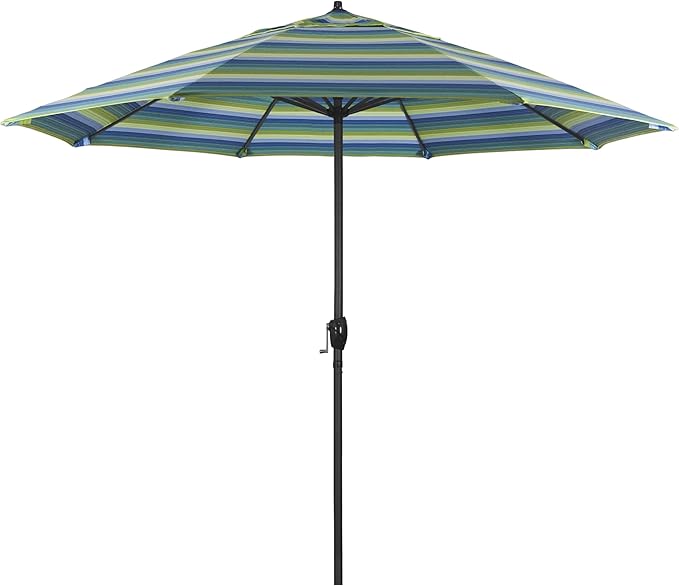 California Umbrella 9' Rd Aluminum Patio Umbrella, Crank Lift, Auto Tilt, Black Finish, Sunbrella Seville Seaside