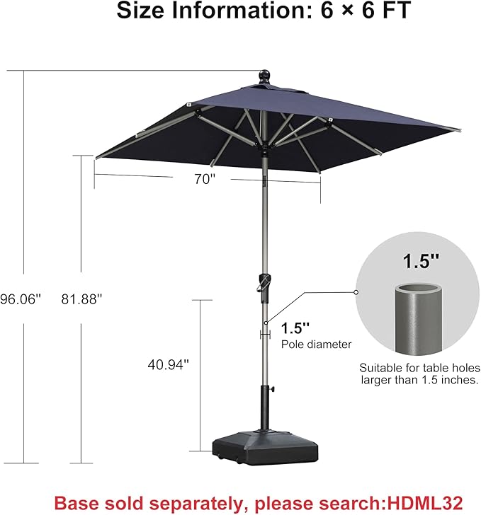 PURPLE LEAF 6' x 6' Square Patio Umbrella with Tilt Adjustment, Outdoor Table Umbrella Champagne Aluminum Frame, Market Umbrella Pool Umbrella for Deck Garden, Patio, or Poolside