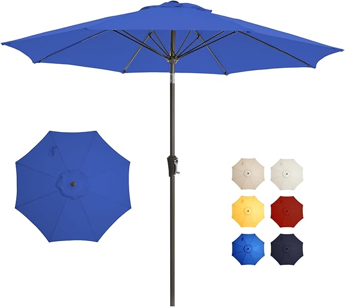 9FT Large Outdoor Patio Umbrella Market Table Umbrella-UV Resistant, Easy Push Button Tilt and Crank, 8 Sturdy Ribs Heavy-Duty Pool Umbrella for Deck,Blue