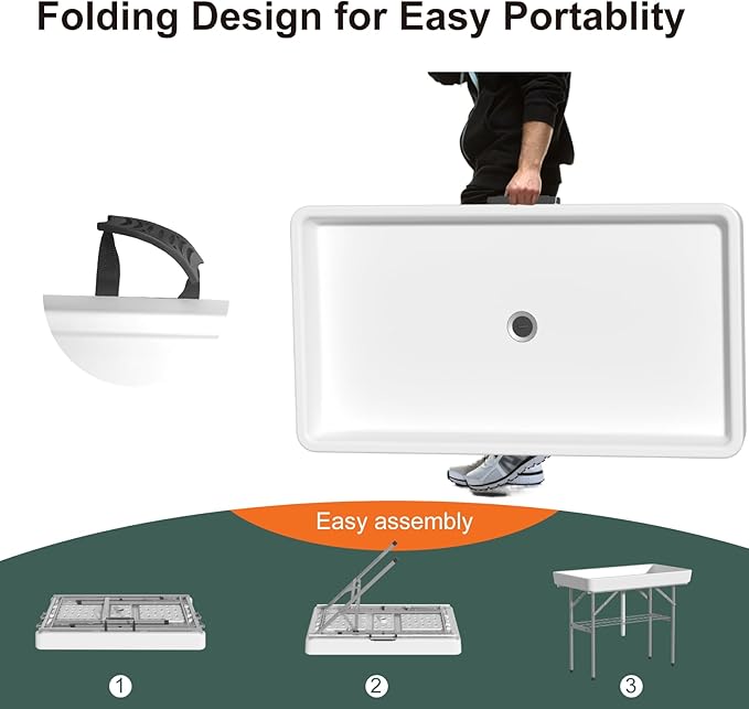 IWDOO 4 Foot Ice Cooler Table, Folding Tailgate Camp Fishing Cleaning with Matching Skirt & Drain Hose, Plastic Ice Table for Party, BBQ, Camping, Picnic, Barbecues to Keep Drinks Cool, White