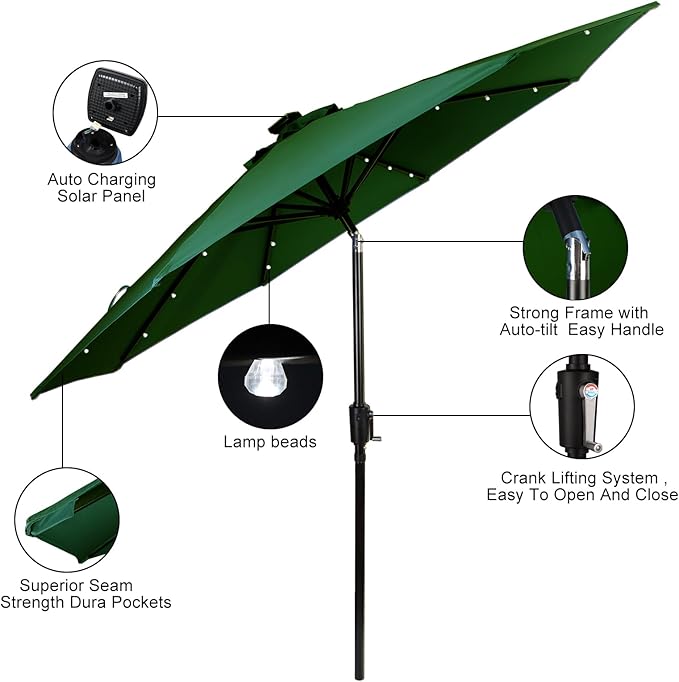 9FT Solar Umbrella 32 LED Patio Umbrellas with Tilt and Crank,Table Market Outdoor Umbrella for Garden,8 Ribs
