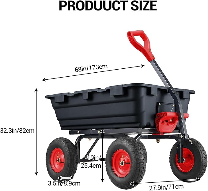 Garden Dump Cart, 800 LB Capacity, Heavy Duty Yard Wagon with All Terrain Tires & 180° Adjustable Handle, Durable Outdoor Gardening Cart for Lawn Yard, Black