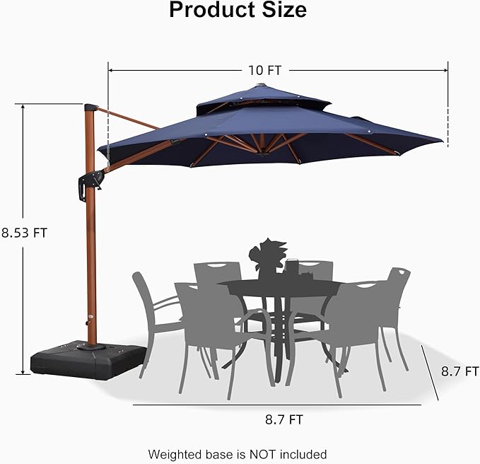 PURPLE LEAF 10ft Patio Umbrella Outdoor Round Umbrellas Large Cantilever Umbrella Windproof Offset Umbrellas Heavy Duty Sun Umbrella for Garden Deck Pool Patio, Navy Blue