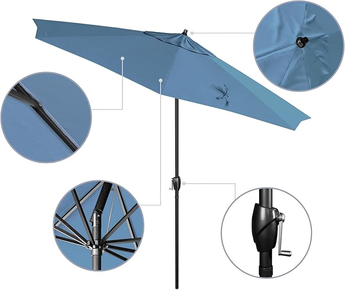 California Umbrella 9' Rd Aluminum Patio Umbrella, Crank Lift, Auto Tilt, Black Finish, Sunbrella Cyan