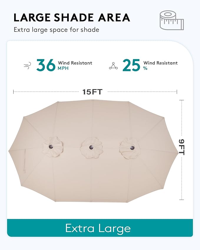 SERWALL 7-Piece Patio Sofa Set with 15FT Double Side Patio Umbrella, Outdoor Furniture Set, All-Weather HDPE Sectional Conversation Set, Large Modular Sofas for Garden, Grey Frame with Khaki Cushion