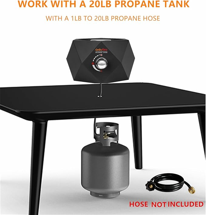 ONLYFIRE OUTDOOR LIVING Propane Gas Fire Pit Bottom-Mounted, 14" Portable Gas Firepit with Glass Stones for Table with Umbrella Hole for Outdoor Patio Camping Bonfire RV, #FP003