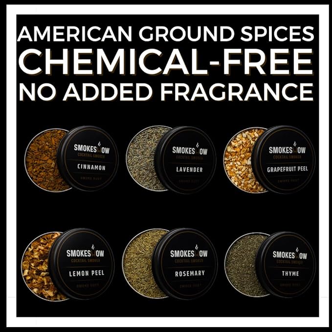 Wood Chips for Cocktail Smoker 4 oz tins. Cinnamon, Thyme, Rosemary, Lemon Peel, Grapefruit Peel and Lavender (6-Pack All Herbs & Spices)