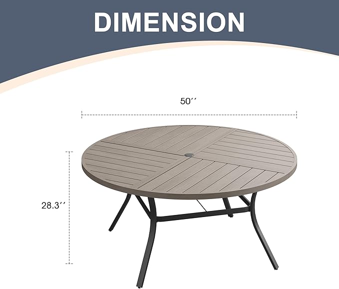 VICLLAX Round Patio Dining Table, 6 Person Metal Outdoor Dining Table with Umbrella Hole and Storage Shelf for Garden Lawn Deck, 50" Grey