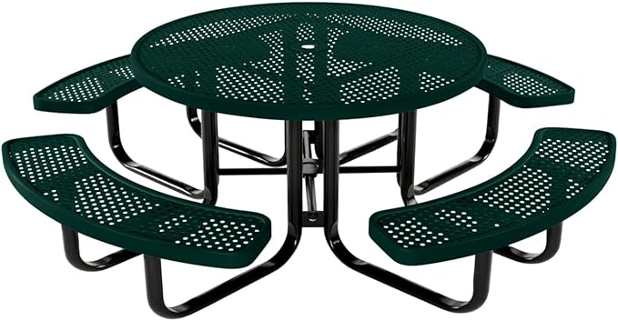 COATEDOUTDOORFURNITURE Heavy-Duty Portable Outdoor Kids Table with Umbrella Hole, Punched Steel Kids Picnic Table, Commercial-Grade, Made in America (46 in, Round, Childrens, Textured Dark Green)