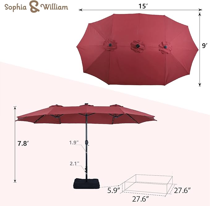 Sophia & William 15 ft Extra Large Patio Umbrella with Solar Lights, Rectangular Outdoor Umbrella with Base Included, Market Umbrella Double-sided Heavy Duty for Pool Garden Backyard, Burgundy