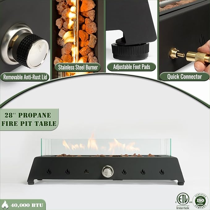 Zateety 28" Propane Gas Fire Pit Table - 40000 BTU Rectangular Alloy Steel FirePits, Anti-Rust Finish & CSA Certified with Glass Windshield and Lava Rocks for Outdoor Patio Deck Garden Balcony -Black