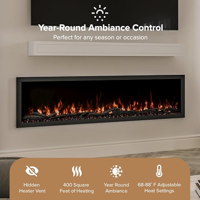 Modern Ember Highmark 72 Inch Smart Linear Electric Fireplace - Premium Flame with 10 Colors, Sleek Hidden Vent Design, Install Recessed in-Wall or Wall-Mount, WiFi Enabled.