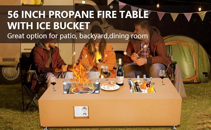 56" Outdoor Propane Fire Pit Table, 50000BTU Fire Table with Wind Guard, 11LBs Glass Beads & Rain Cover, Patio Heater with Anti-Rust Coating, Stainless Steel Gas Fire Pits for Outside Patio, Yellow