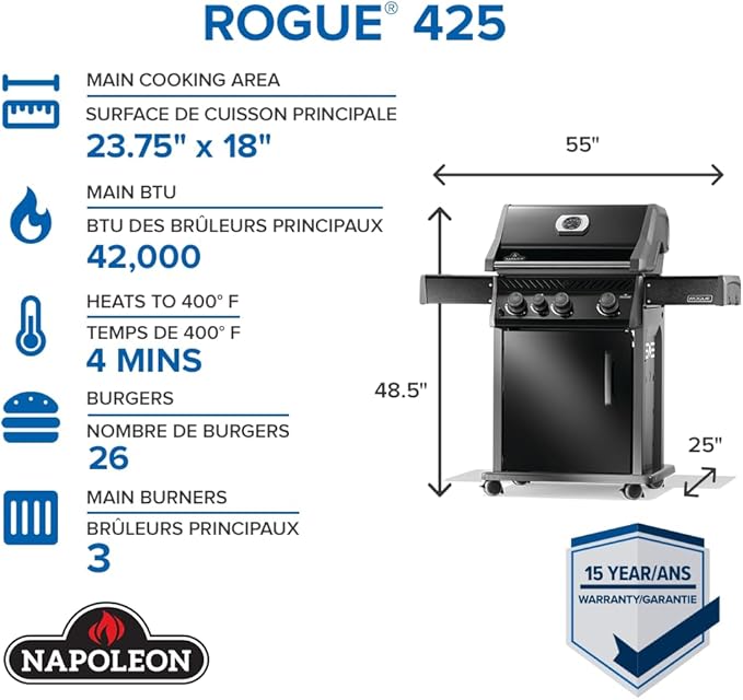 Napoleon Rogue 425 Propane Gas Grill with Range Side Burner, Black, 3 Stainless Steel Main Burners, Durable Grilling Power