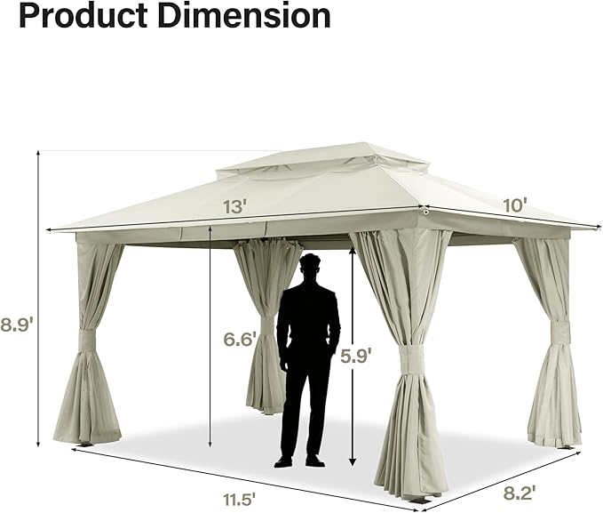 LAUSAINT HOME Outdoor Patio Gazebo 10'x13' with Expansion Bolts, Heavy Duty Party Tent & Shelter with Double Roofs, Mosquito Nettings and Privacy Screens for Backyard (Cream White)