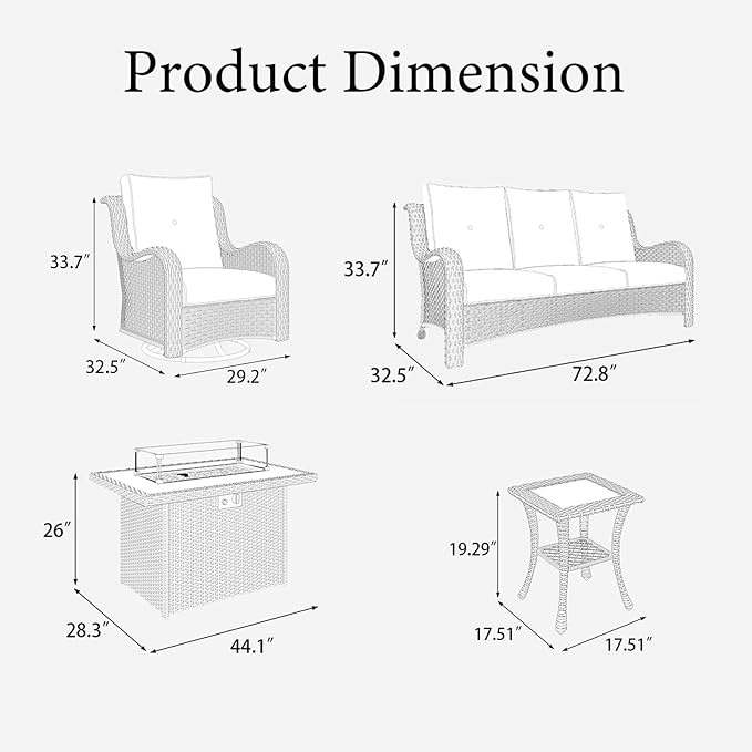 LayinSun 5 Pieces Outdoor Patio Furniture Set with Fire Pit Table, Rattan Wicker Sectional Swivel Rocker Chairs Sets with Swivel Glider Chair and Coffee Table