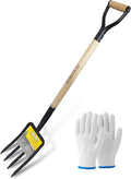 Garden Fork, 4-Tine Spading Digging Fork, Pitch Fork-45Inch, Forged Steel Y-Grip, Wood Handel-Red