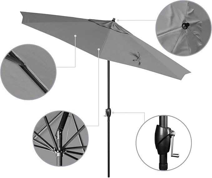 California Umbrella 9' Rd Aluminum Patio Umbrella, Crank Lift, Auto Tilt, Black Finish, Sunbrella Granite
