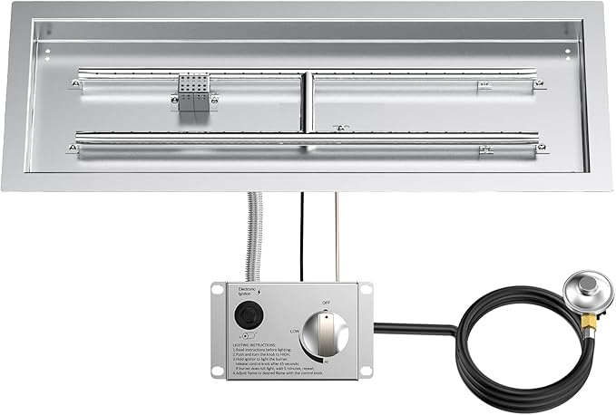 Skyflame 30" Rectangle Stainless Steel Fire Pit Drop-in Burner Kit with Extinguishing Protection Device, Electronic Spark Ignition, and Propane Regulator Hose Set