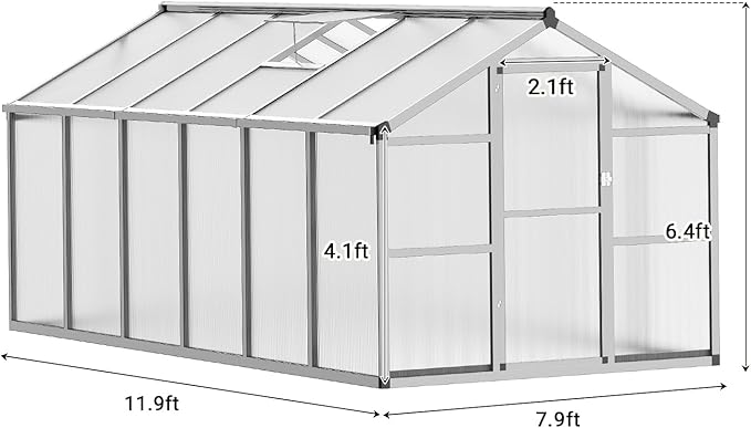 Greenhouse, 8x12 ft Greenhouse for Outdoors, Walk-in Green House with Ground Nails and Vent Windows, Sliding Lockable Door, Polycarbonate Green House for Outside Garden Backyard, Quick Setup, Silver