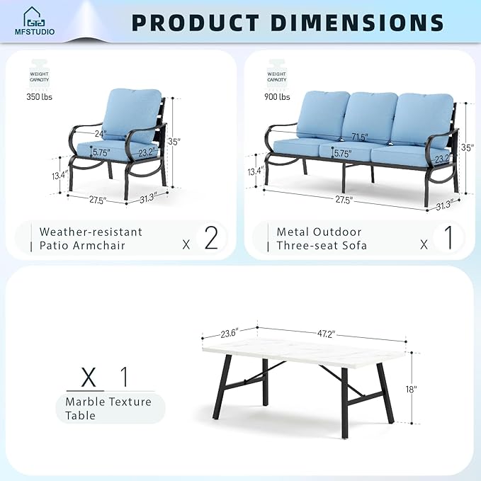 MFSTUDIO 4 Pieces Patio Conversation Sets(5 Seat),Outdoor Metal Furniture Sofas with 1 Loveseat(3 Seat), 2 Single Chairs,1 Coffee Table,Wrought Iron with Blue Cushion for Patio Courtyard Balcony
