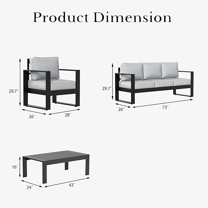 LayinSun 4 Pieces Aluminum Outdoor Patio Furniture Set, Metal Modern Conversation Sofa Set with Coffee Table and Washable Thick Cushions for Porch, Backyard, Deck
