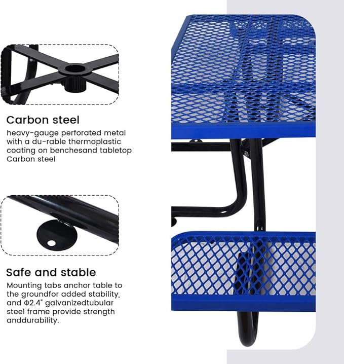 KUFUH 46" Square Metal Picnic Table for 4-8 Person, Durable Heavy Duty Commercial Picnic Table with Umbrella Hole for Outdoor Coffee Shop, School, Hospital, Easy to Install, Blue